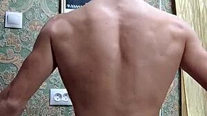 Skinny flexible boy shows off muscular body after study session