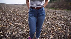 Milf Boldly Teases Massive Cameltoe In Tight Blue Jeans Outdoors Close Up