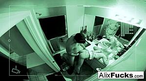 Alix gets a good fucking in tight bathroom with blonde babe pussy and cumshot action.