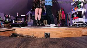 First date escalates to intense bondage with femdom mistress dominating bound partner in bdsm session.