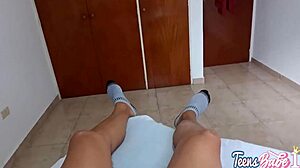 Oh man, I caught my twin sis fuckin' our stepbro and jumped in for this hot sweaty threesome in the room - young 18yo latinas gettin' pounded by his huge cock