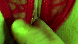 shaved pussy in red thongs all wet
