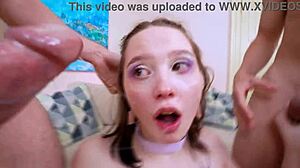 First wet gangbang adventure for beautiful teen 18+ Akina Asmus with five cocks.