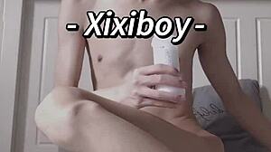 I feel so aroused as slim gay teen twink fingers and fucks his tight asshole hard with big monster cock machine