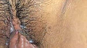 up close mixed interracial couple uses vibrator on hairy pussy for creampie and wet cum covered moans