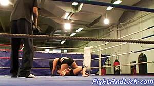 busty european babes strip naked for intense lesbian wrestling in the ring