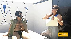 Hot Mexican promoter at wedding party in heels by pool with old German cuckold husband