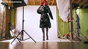 latex pony in corset and heels works for carrot in domination roleplay