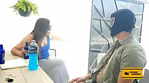 Hot Mexican promoter at wedding party in heels by pool with old German cuckold husband