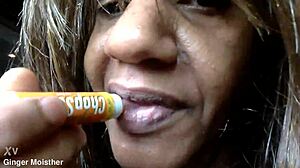 Sucking demonstration by ginger moisther in lay down comedy with bouncing tits.