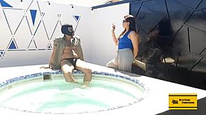 Hot Mexican promoter at wedding party in heels by pool with old German cuckold husband