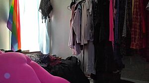 trying on this stretchy pink bodysuit that hugs my fat chubby ass with leggings for ultimate comfort