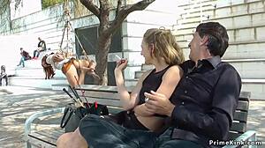 Euro slave gets bound and dominated in bondage. She is walked naked through public outdoor spaces.