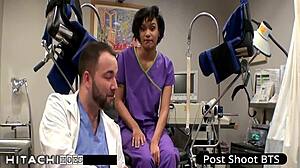 Freshman gets mandatory hitachi orgasm from nurse Jackie Banes in hospital with anal fingering spreading toys close up!