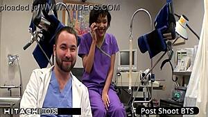 Freshman gets mandatory hitachi orgasm from nurse Jackie Banes in hospital with anal fingering spreading toys close up!