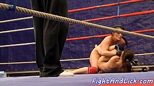 busty european babes strip naked for intense lesbian wrestling in the ring