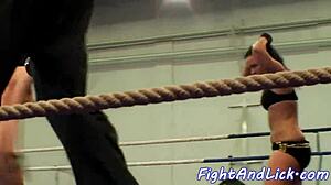 busty european babes strip naked for intense lesbian wrestling in the ring