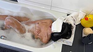 Stepmom catches stepson jerking off in bathroom with big tits handjob leading to cum in mouth