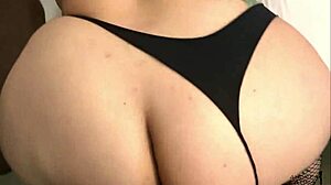 he casually pulls her thong aside for doggystyle fuck then cums on her big ass