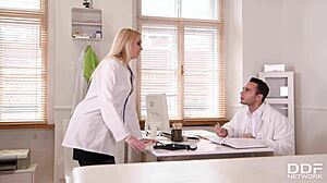 busty british nurse amber jayne fills her horny pussy with doctors dick