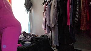 trying on this stretchy pink bodysuit that hugs my fat chubby ass with leggings for ultimate comfort