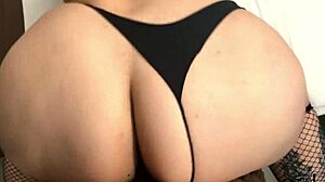 he casually pulls her thong aside for doggystyle fuck then cums on her big ass