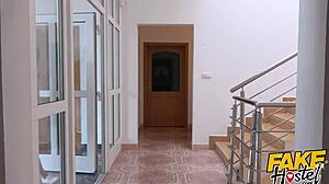 personal-error fake hostel brunette backpacking babe with nice natural tits picked up on road journey... sucks cock in car before getting fucked all around hostel, whoa