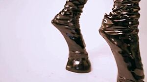 latex pony in corset and heels works for carrot in domination roleplay