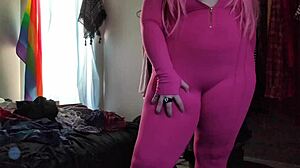 trying on this stretchy pink bodysuit that hugs my fat chubby ass with leggings for ultimate comfort
