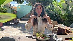 i asked friend to cum on my face in cafe for eating food with sperm 😏 public cumwalk with teen facial and small tits flashing