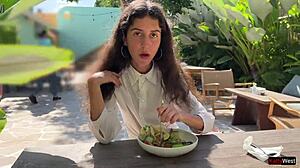 i asked friend to cum on my face in cafe for eating food with sperm 😏 public cumwalk with teen facial and small tits flashing