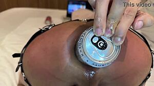 shoving monster energy can deep in anal of gaping big ass shemale with toys