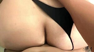 he casually pulls her thong aside for doggystyle fuck then cums on her big ass