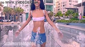 Skinny Brunette Latina Babe Flashes Hairy Pussy Under Wet Mini Skirt in Public