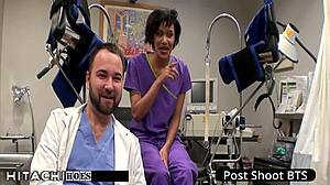 Freshman gets mandatory hitachi orgasm from nurse Jackie Banes in hospital with anal fingering spreading toys close up!