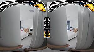 stepsister mae milano gets down on her knees in virtual porn. she stuffs her mouth with stepbro's big cock, making him moan loudly.