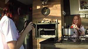 The sensual kitchen photoshoot turned into creampie sex with the assistant and her big tits.