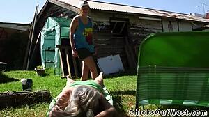 pissing AUSSIE lez licks hairy fetish pussy outdoors in high definition oral action