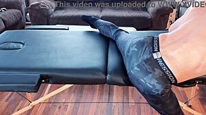 I feel relaxed stretching in compression pants on massage table hd short
