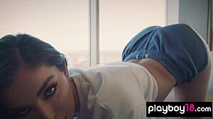 Small-titted Latina beauty Emily Willis strips gracefully on the pool table, posing with her petite body and long hair.