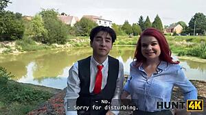 slutty redhead miss olivia tempts with natural tits and perfect body seducing producer publicly