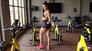 Curvy brunette babe gets fucked doggystyle after workout and covered in cum