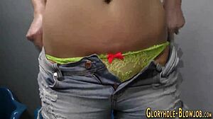 Blonde feels intense thrill jerking and sucking big black cock at gloryhole with emotional cum in mouth finish.