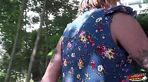 German scout casts mature Joana for outdoor anal sex with deepthroat, rimjob, and cumshot but police catch them during rough doggystyle ride.