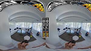 stepsister mae milano gets down on her knees in virtual porn. she stuffs her mouth with stepbro's big cock, making him moan loudly.