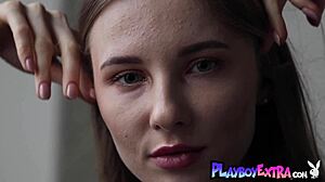 Skinny Russian teen blondie Stella slowly strips off clothes, posing nude with small tits exposed for Playboy.