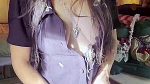 brunette beauty strips slowly in stockings for solo tease