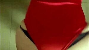 French amateur in red satin lingerie body suit gets pussy fucked bent over with spanking and dirty talk