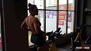 Curvy brunette babe gets fucked doggystyle after workout and covered in cum