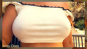 my horny husband is playin with my big tits in public, oh god